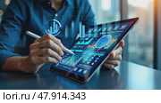 Man is using a tablet to draw graphs and charts. Стоковое AI-видео, аниматор Sergey Grishin / Фотобанк Лори
