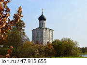 Церковь Покрова Пресвятой Богородицы сквозь осеннюю листву. Владимирская область, 2019 год. Редакционное фото, фотограф Photolart / Фотобанк Лори