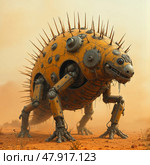 Post-apocalyptic titanium cactus with retractable spines and motion-sensing cameras. Solar-panel ribs charge its defenses. Dusty orange desert palette, rugged survivalist aesthetic. Стоковое AI-изображение, AI-художник Анна Сивакова / Фотобанк Лори