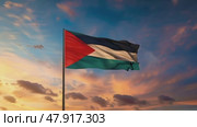 The Palestinian flag waving in the wind against an orange dramatic sunset sky. Стоковое AI-видео, аниматор Михаил Строгалев / Фотобанк Лори