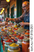 A multicultural food market stall overflowing with exotic condiments, jars of harissa, gochujang, and za'atar catching the light, Стоковое AI-видео, аниматор Sergey Grishin / Фотобанк Лори