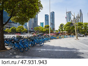 Shanghai, China - 1 April 2025: Sunny day in Pudong with colorful rental bikes parked near trees against futuristic skyline featuring Oriental Pearl Tower. Редакционное фото, фотограф Татьяна Терехина / Фотобанк Лори