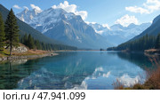 Stunning Mountains Reflect in a Clear Lake, Creating a Breathtaking Spring Wonderland for Nature Lovers and Adventurers. Стоковое AI-изображение, AI-художник Sergey Grishin / Фотобанк Лори