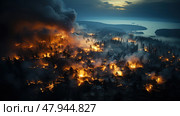 Large fire rages in the midst of a dense forest, consuming trees and vegetation. Стоковое AI-изображение, AI-художник Данила Большаков / Фотобанк Лори
