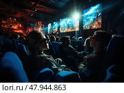 Diverse group of individuals enjoying a movie screening in crowded theater. Стоковое AI-изображение, AI-художник Данила Большаков / Фотобанк Лори