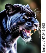 Panther (Lat. Panthera) is a genus of large predatory mammals from the cat family. Стоковое AI-изображение, AI-художник Сергей Елизарьев / Фотобанк Лори