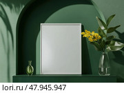Blank Greeting Card, Invitation Mockup. Front view Yellow Flowers in Vase, Modern Green Wall, Boho Paper Mock Up on Table. Copy Space. Minimal Business Brand Template. Soft Shadow Nordic Flier Design. Стоковое AI-изображение, AI-художник Марина Демидюк / Фотобанк Лори