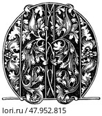 Black and white Gothic letter "M" by Israel van Meckenen, vintage book illustration in medieval style. Publication of the "Meyers encyclopedia", Vol. 6, Leipzig, Germany, 1910. Стоковая иллюстрация, иллюстратор Sergey Kohl / Фотобанк Лори