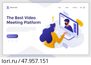 Landing page with woman talking to friend via video-chat on computer. Technology of communication. Video call concept isometric vector illustration. Couple in distant relationship 3d composition. Стоковая иллюстрация, иллюстратор Андрей Красовицкий / Фотобанк Лори