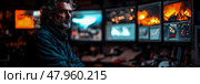 A focused individual stands in a control room surrounded by screens displaying fire-related incidents, highlighting urgent monitoring efforts. Стоковое AI-изображение, AI-художник Данила Большаков / Фотобанк Лори