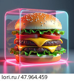 Giant double cheeseburger with lettuce and tomato inside neon glowing glass cube. Стоковое AI-изображение, AI-художник Mariya Suranova / Фотобанк Лори