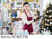 Young woman restocking using tablet in store with New Year decoration. Стоковое фото, фотограф Яков Филимонов / Фотобанк Лори