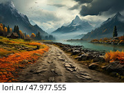 Journey to Serenity: A Majestic Trail Leading to a Pristine Mountain Lake. Стоковое AI-изображение, AI-художник Данила Большаков / Фотобанк Лори