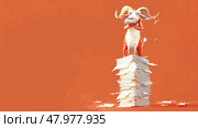 A stylized goat crosses its arms while perched on a pile of paper, looking unimpressed in a vibrant orange setting. Стоковое AI-изображение, AI-художник Данила Большаков / Фотобанк Лори