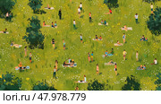 Families and friends gather in a lush park, soaking up the sun while chatting, picnicking, and relaxing on cozy blankets. Стоковое AI-изображение, AI-художник Данила Большаков / Фотобанк Лори