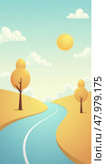 Road with two trees on either side and a sun in the sky. Стоковое AI-изображение, AI-художник Sergey Grishin / Фотобанк Лори