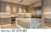 Kitchen interior in luxury style with marble table tops and sleek stainless steel appliances. Стоковое AI-видео, аниматор Михаил Строгалев / Фотобанк Лори