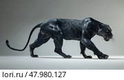 The black panther strides purposefully with a powerful gait, its sleek coat glistening under the light, emphasizing its athletic form. Стоковое AI-изображение, AI-художник Данила Большаков / Фотобанк Лори