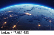 Part of the planet Earth is a view from space. The spread of the Internet throughout the earth. Стоковое AI-изображение, AI-художник Антон Слабоспицкий / Фотобанк Лори