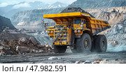 The industrial site at the openpit mine is bustling with yellow mining trucks and heavy machinery on a sunny day. Стоковое AI-изображение, AI-художник Anastasy Yarmolovich / Фотобанк Лори