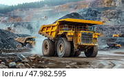 The industrial site at the openpit mine is bustling with yellow mining trucks and heavy machinery on a sunny day. Стоковое AI-изображение, AI-художник Anastasy Yarmolovich / Фотобанк Лори