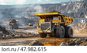 The industrial site at the openpit mine is bustling with yellow mining trucks and heavy machinery on a sunny day. Стоковое AI-изображение, AI-художник Anastasy Yarmolovich / Фотобанк Лори