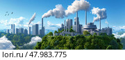 An EcoFriendly Industrial Complex, Magnificently Surrounded by Lush Greenery and Innovative Clean Energy Solutions. Стоковое AI-изображение, AI-художник Anastasy Yarmolovich / Фотобанк Лори