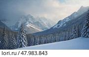 A snowy landscape with trees and mountains in the background, side view, cool lighting, winter color palette with whites and blues. Стоковое AI-видео, аниматор Sergey Grishin / Фотобанк Лори