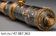 Antique brass telescope with celestial engravings and intricate designs resting on a flat surface. Стоковое AI-изображение, AI-художник Сергей Толмачёв / Фотобанк Лори