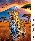The leopard (Lat. Panthera pardus) is a species of predatory mammals of the cat family, belonging to the subfamily of big cats. The species' range covers Africa and the southern half of Asia. Стоковое AI-изображение, AI-художник Сергей Елизарьев / Фотобанк Лори