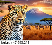 The leopard (Lat. Panthera pardus) is a species of predatory mammals of the cat family, belonging to the subfamily of big cats. The species' range covers Africa and the southern half of Asia. Стоковое AI-изображение, AI-художник Сергей Елизарьев / Фотобанк Лори