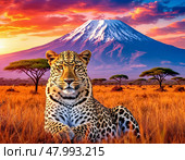 The leopard (Lat. Panthera pardus) is a species of predatory mammals of the cat family, belonging to the subfamily of big cats. The species' range covers Africa and the southern half of Asia. Стоковое AI-изображение, AI-художник Сергей Елизарьев / Фотобанк Лори