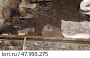 Renovation project reveals uneven floor with exposed dirt and debris in a basement environment during construction hours. Стоковое фото, фотограф Александра Рублева / Фотобанк Лори