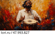 A talented musician passionately plays conga drums, surrounded by bursts of warm colors that enhance the energetic mood of the moment. Стоковое AI-изображение, AI-художник Данила Большаков / Фотобанк Лори