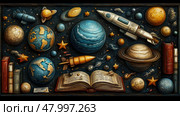 A vibrant arrangement showcases planets, rockets, and an open book, symbolizing the journey of space exploration and scientific discovery. Стоковое AI-изображение, AI-художник Данила Большаков / Фотобанк Лори