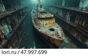 An old tugboat sits in a neglected warehouse, with rust covering its hull and debris scattered around, reflecting years of abandonment and decay. Стоковое AI-изображение, AI-художник Данила Большаков / Фотобанк Лори