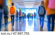 A somewhat blurry hospital corridor filled with numerous people walking about on their various errands and duties. Стоковое AI-изображение, AI-художник Anastasy Yarmolovich / Фотобанк Лори