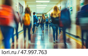 A somewhat blurry hospital corridor filled with numerous people walking about on their various errands and duties. Стоковое AI-изображение, AI-художник Anastasy Yarmolovich / Фотобанк Лори