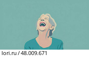 A cheerful older woman laughs heartily in a peaceful environment, showcasing her joy and lighthearted spirit. Стоковое AI-изображение, AI-художник Данила Большаков / Фотобанк Лори