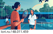 Two players engage in conversation while preparing for their next tennis match in warm weather. Стоковое AI-изображение, AI-художник Данила Большаков / Фотобанк Лори