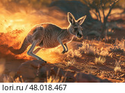 A kangaroo leaps through dust as the sun sets over the Australian landscape. Стоковое AI-изображение, AI-художник Данила Большаков / Фотобанк Лори