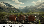 Potted plants thrive in soil against a stunning mountainous backdrop under a bright sky. Стоковое AI-изображение, AI-художник Данила Большаков / Фотобанк Лори