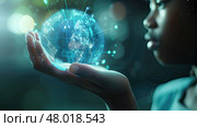 A child gazes at a luminous globe, representing interconnectedness and envisioning a bright future. Стоковое AI-изображение, AI-художник Данила Большаков / Фотобанк Лори