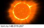Shining sun in outer space with bright solar corona, hot glowing surface, astrophysical cosmic object emitting intense energy heat and plasma. magnetic storm. Стоковое AI-изображение, AI-художник Павел Муравьев / Фотобанк Лори