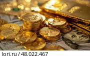A detailed arrangement of gold coins, currency bills, and gold bars on a surface illuminated by natural light. Стоковое AI-изображение, AI-художник Данила Большаков / Фотобанк Лори