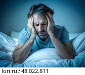 In a dimly lit room, a man sits on his bed, hands on his head, lost in troubled thoughts. Restless anxiety steals away his peaceful slumber, leaving him introspective and contemplative. Стоковое AI-изображение, AI-художник Ольга Игнашина / Фотобанк Лори