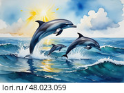 Playful dolphins jumping in ocean waves under sunlit sky. Стоковое AI-изображение, AI-художник Башкирова Анна / Фотобанк Лори