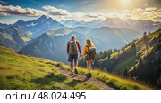 Couple Enjoys a Scenic Mountain Hike During Sunset in a Beautiful Alpine Landscape. Стоковое AI-видео, аниматор Оксана Медведева / Фотобанк Лори