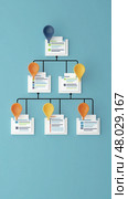 Relations of order or subordination between members. Virtual screen Mindmap or Organigram. Business process and workflow automation with flowchart. Business hierarchy structure. Стоковое AI-изображение, AI-художник Sergey Grishin / Фотобанк Лори