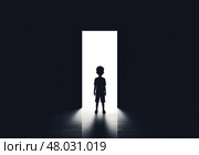 Силуэт мальчика в дверном проёме на фоне яркого света. Стоковое AI-изображение, AI-художник Александр Жуков / Фотобанк Лори